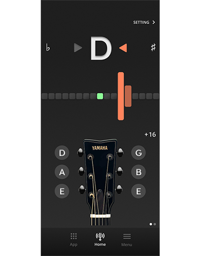 Afinador predefinido fácil de compreender, com imagem de guitarra e indicadores de fácil leitura