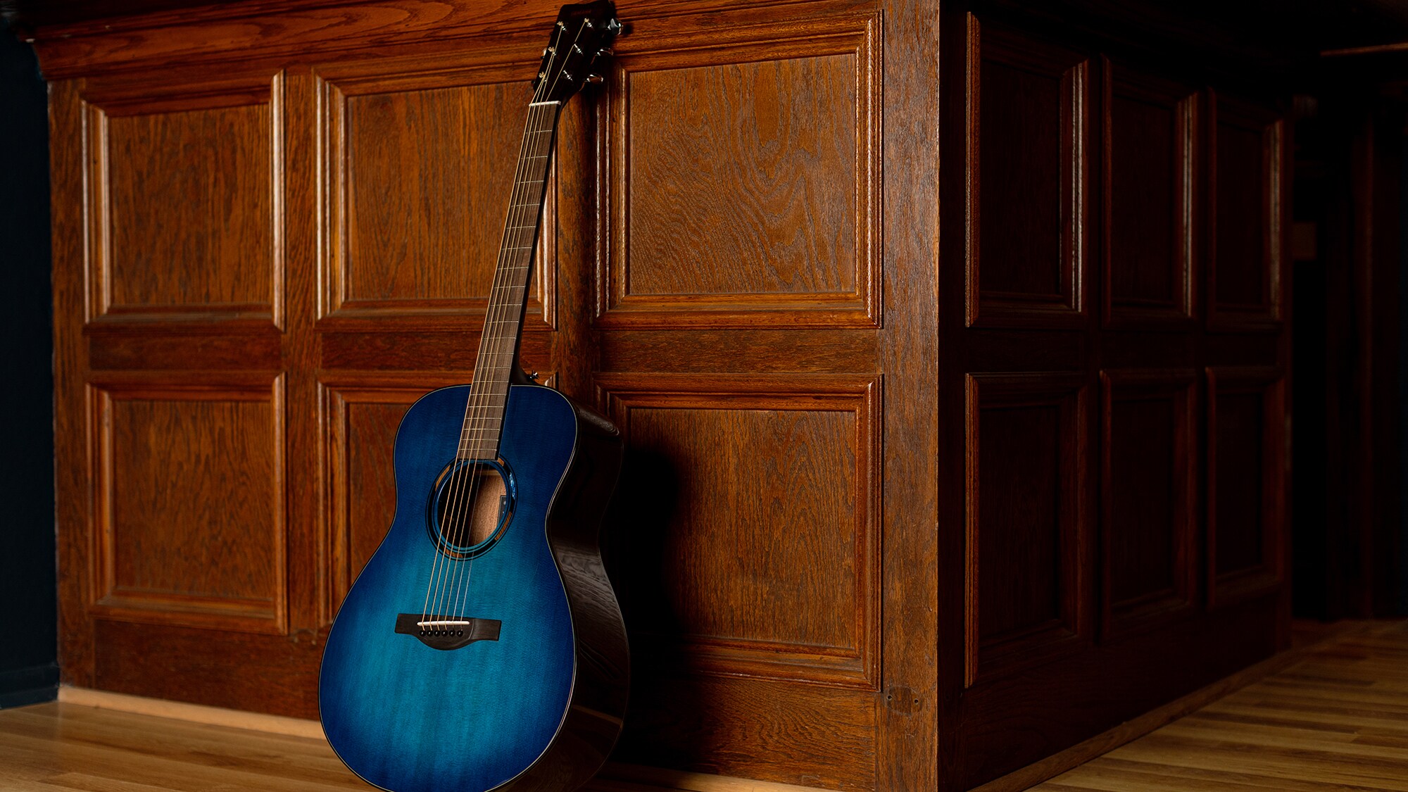 Uma guitarra acústica TAS1 E colocada na vertical encostada a uma parede castanha no interior