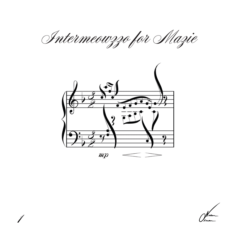 Partitura musical intitulada "Intermeowzzo for Mazie", apresentando notas musicais dispostas em forma de gato.