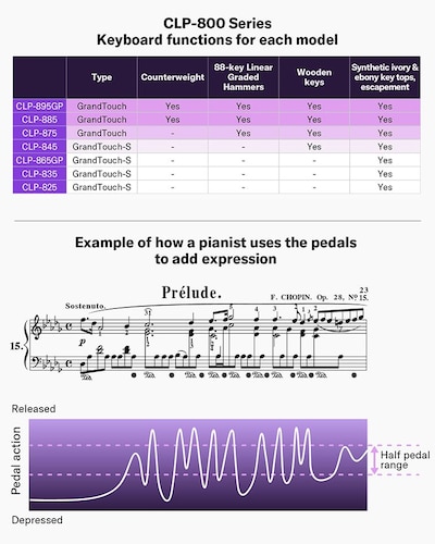 Comparison chart of keyboard specifications by model of the Clavinova CLP-800 series and a schematic diagram of how the pedals are depressed when playing a few bars of Chopin's Prélude