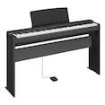 Diagonal side view of the P-223B (black model) in combination with the optional stand and sustain pedal