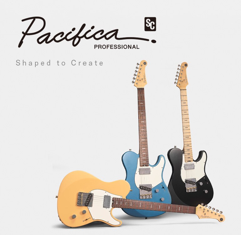 Fundo branco. À esquerda: Logótipo Pacifica SC Professional e texto Designed to Inspire. À direita: 3 guitarras