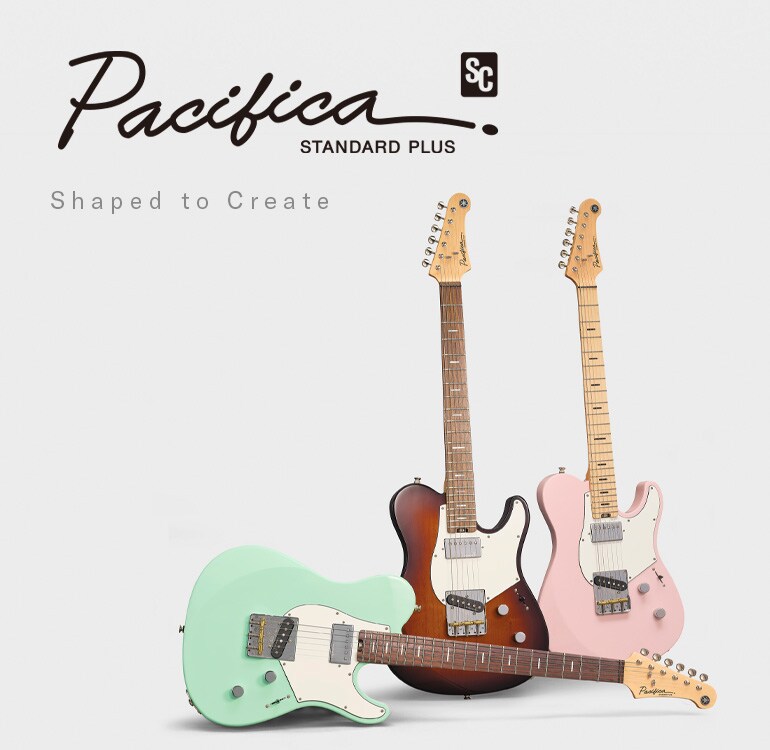 Fundo branco. À esquerda: Logótipo Pacifica SC Standard Plus e texto designed to inspire. À direita: 3 guitarras.