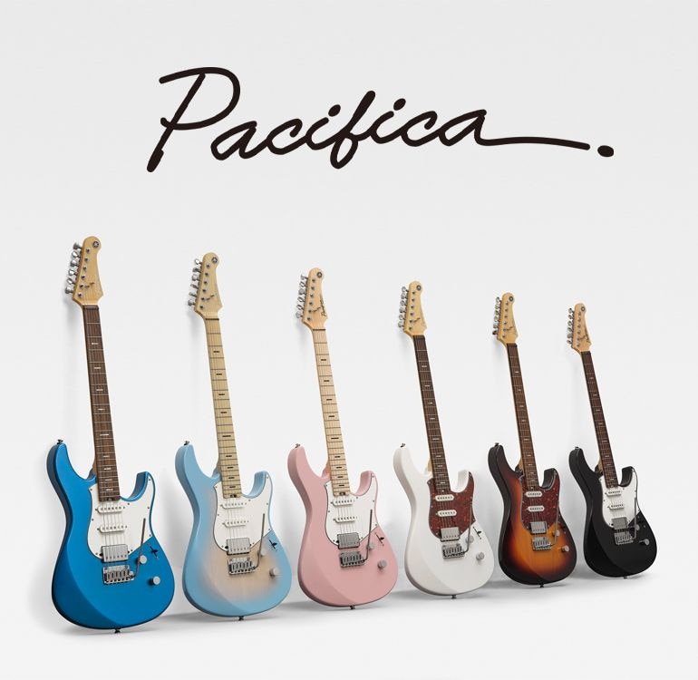 Family photo of Pacifica Professional and Standard Plus guitars leaning against a white background.