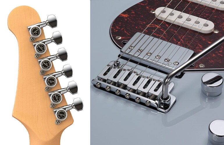 Pormenor da ponte, captadores e controlos da Yamaha Pacifica Standard Plus 12 Ice Blue