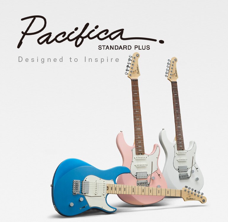 Três modelos Yamaha Pacifica Standard Plus 12 sobre um fundo branco