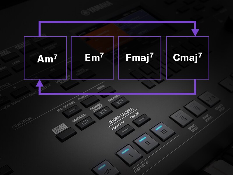 Ilustração da função Chord Looper a criar o loop de uma sequência de acordes num PSR-SX620.