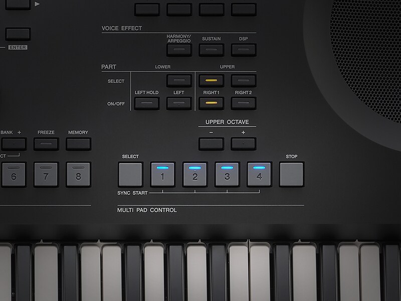 Grande plano dos Multi Pads do PSR-SX620 utilizados para disparar frases, padrões e loops.
