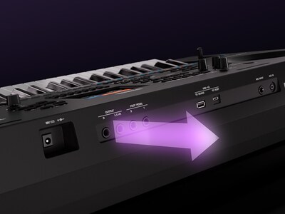 Grande plano dos terminais LINE OUT do PSR-SX620 para uma saída de áudio de alta qualidade.