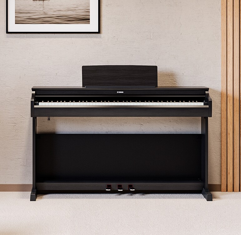 Uma sala de estar com um piano ARIUS em preto, plantas de interior e um sofá, integrado harmoniosamente no espaço