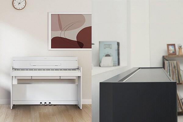 Um piano ARIUS integrado na decoração da sala de estar, com destaque para o design fino e compacto proporcionado pela tampa fechada