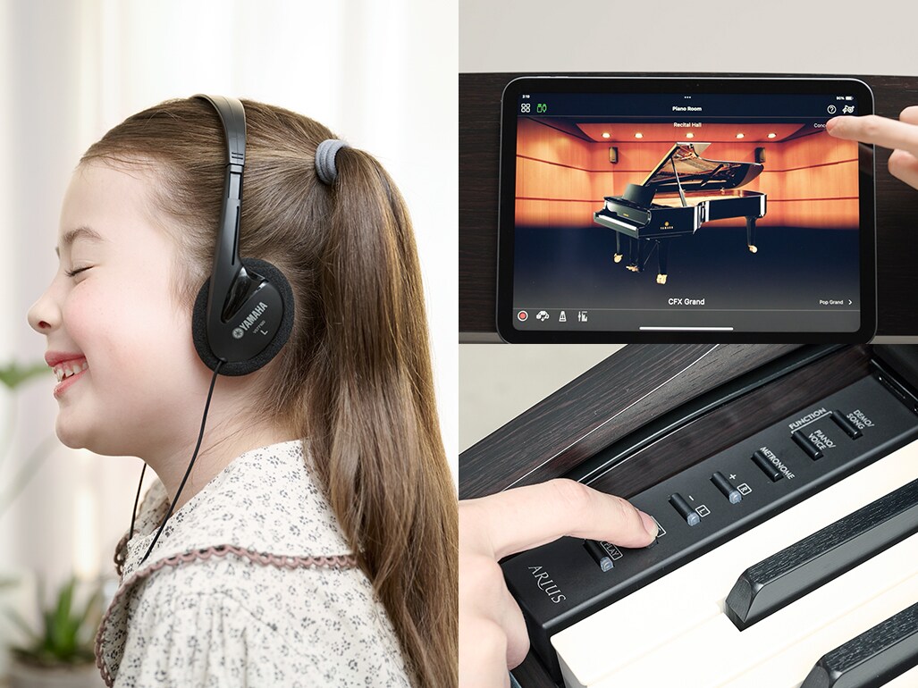 Utilização do piano digital com auscultadores, visualização da aplicação Smart Pianist e gravação através dos controlos integrados do piano.