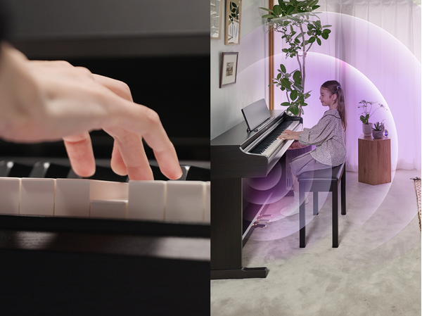 O toque expressivo do novo teclado ARIUS e ondas sonoras propagam-se a partir de um piano ARIUS numa sala de estar.