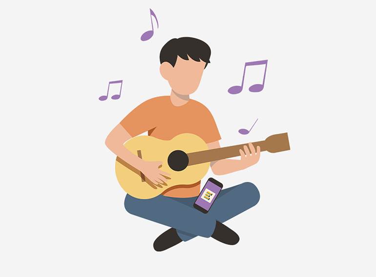 Um homem a usar a aplicação Extrack para praticar com diagramas de acordes