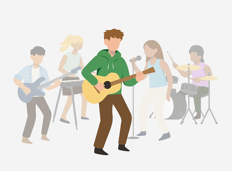 Um homem a divertir-se a usar a aplicação Extrack para tocar em conjunto com outros instrumentos