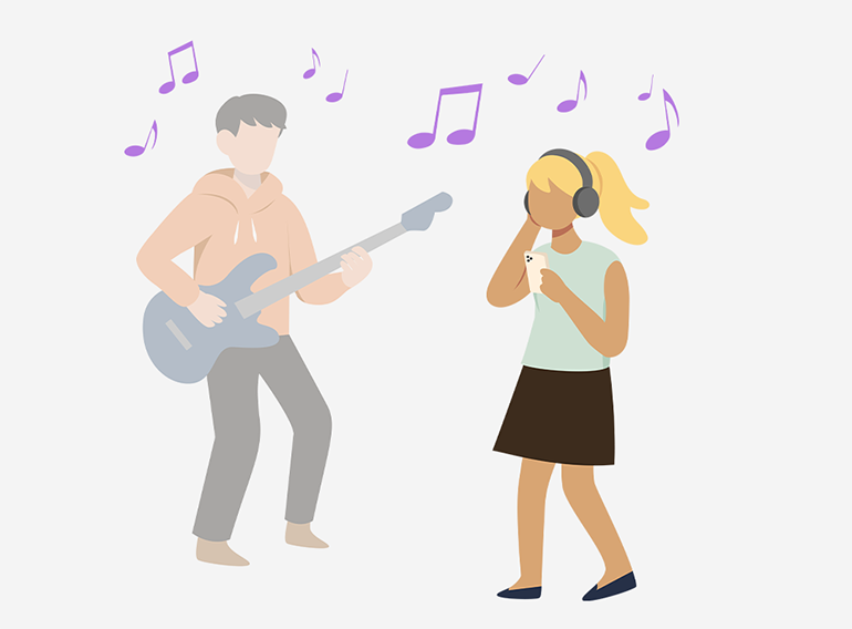 Uma mulher a ouvir atentamente as passagens de cada instrumento enquanto ajusta o volume na aplicação Extrack