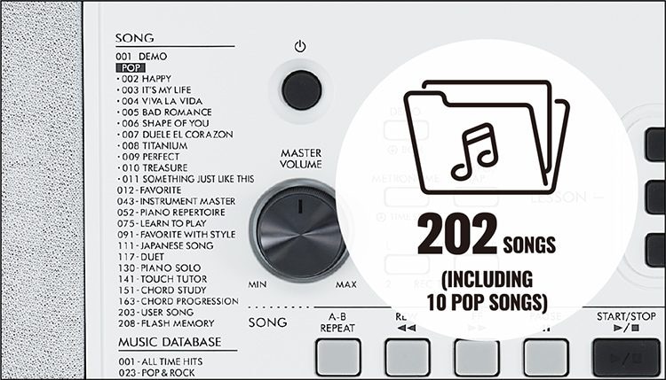 202 músicas incorporadas, incluindo 10 músicas pop, e ainda a capacidade de adicionar músicas