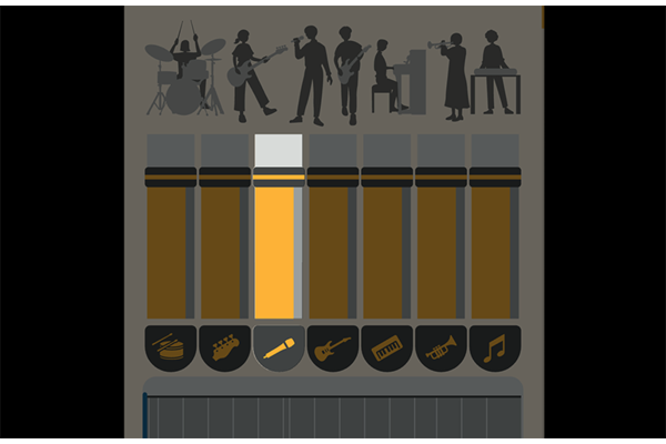 Captura de ecrã de uma fonte de áudio separada em diferentes partes, como guitarras, voz, bateria, baixo, piano e instrumentos de sopro.